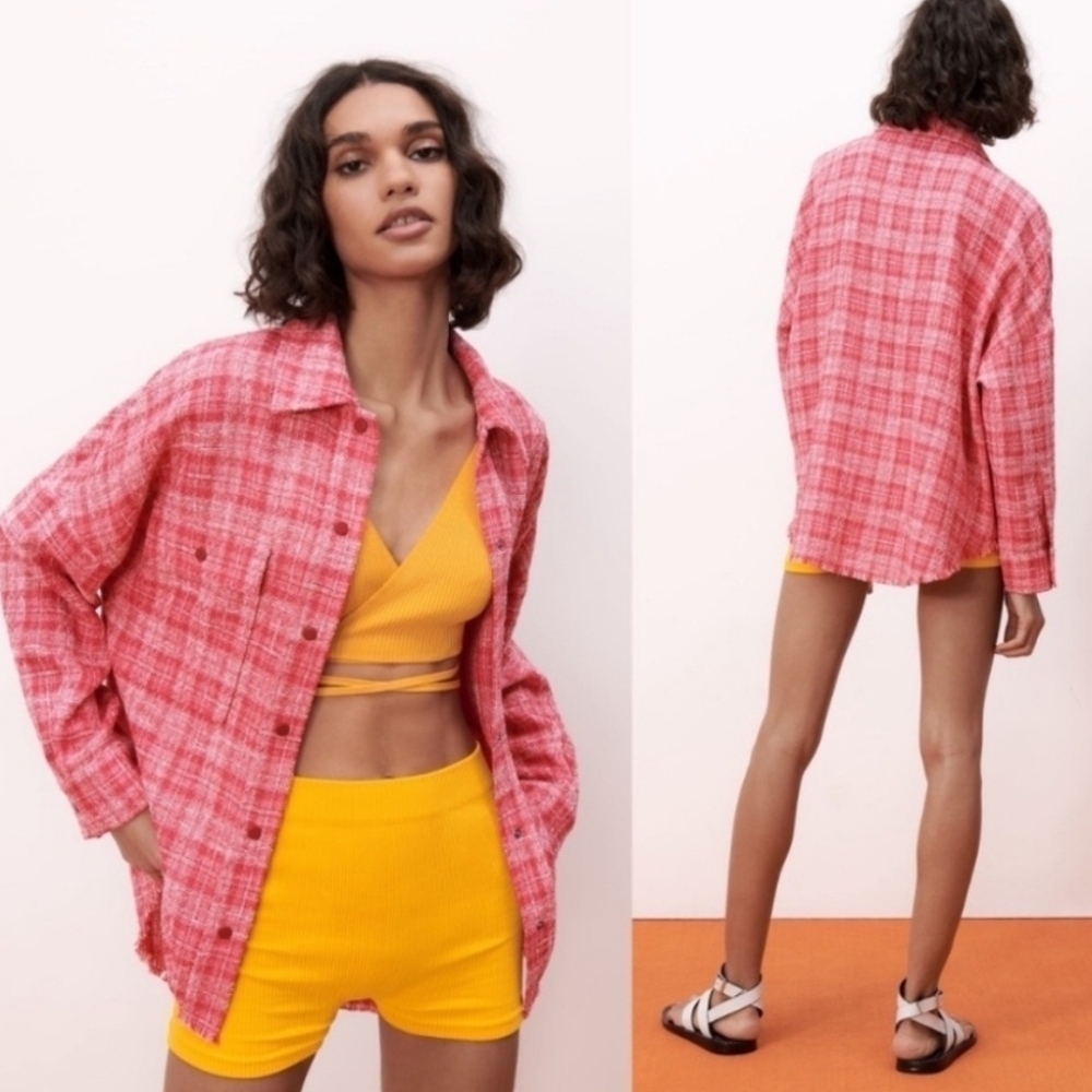 Zara Pink Tweed Plaid Oversized Shacket With Fringe Hem Small Snap Buttons